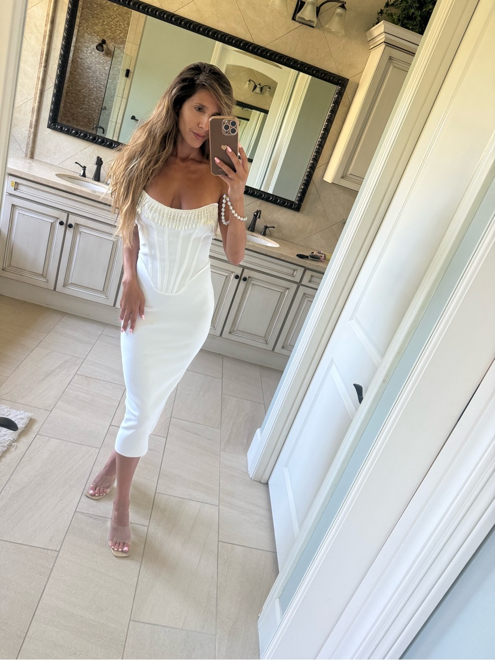 White Strapless Corset Midi Dress